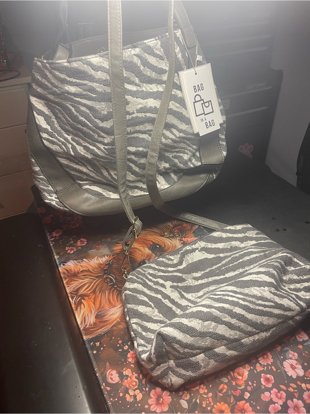 Zebra-Print Tote and Matching Pouch in Gray